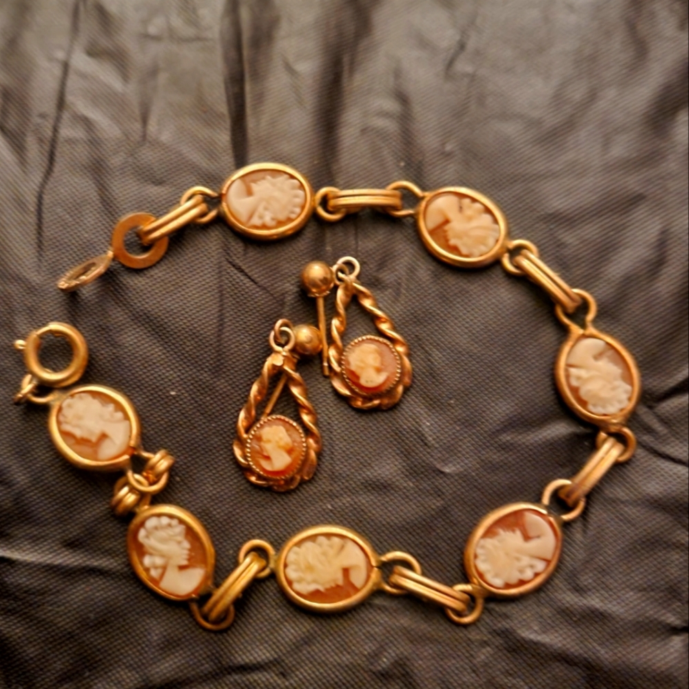 Vintage Cameo 12k gold bracelet and earrings